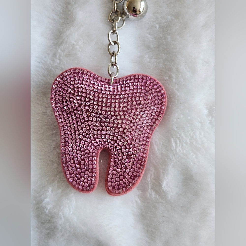 Pink Rhinestone Tooth Keychain Bag Charm - Picture 2 of 3